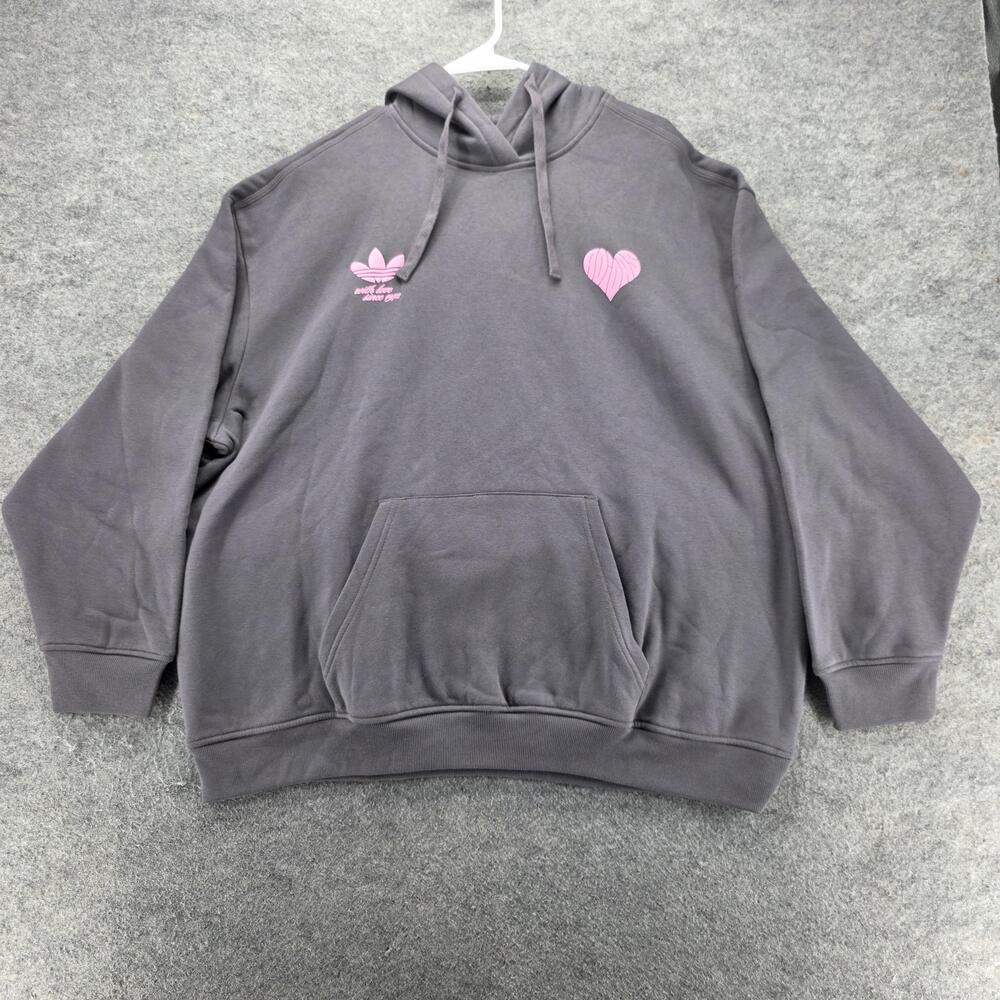 Adidas Hoodie Womens L Gray Pullover Hooded Pockets Graphic Trefoil Fleece